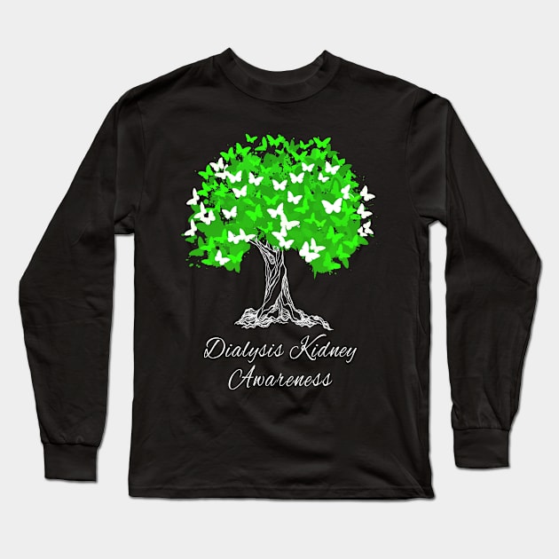 Dialysis Kidney Awareness Green Ribbon Tree With Butterflies Long Sleeve T-Shirt by MerchAndrey